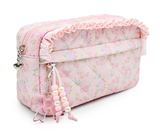 Pink Floral Quilted Zipper Pouch