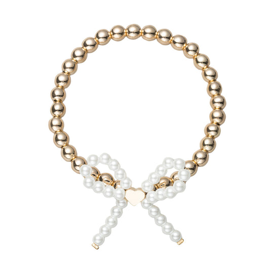 Gold Beaded Stretch Bracelet with Pearl Bow (Kids)